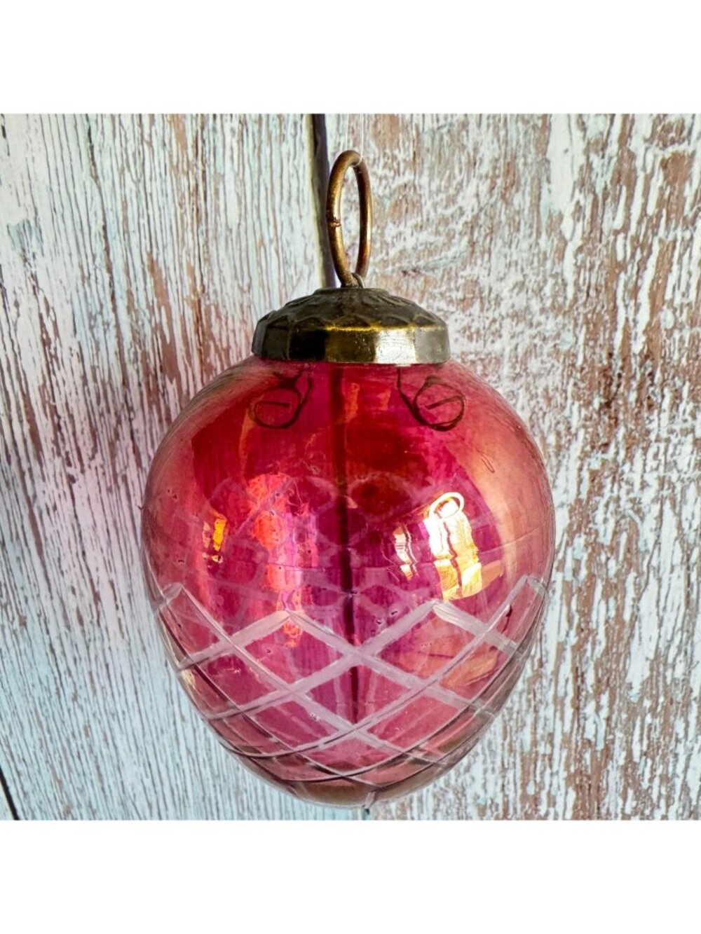 Pink Kugle Style Glass Ornament Heavy Glass Lattice Pattern Hanging Ball 4" - Picture 3 of 7